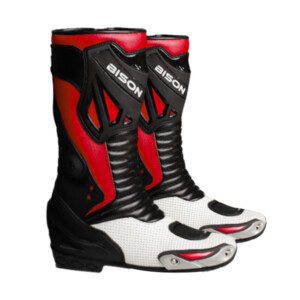 Bison Ride Men’s Leather Motorcycle Racing Boots, Red & White