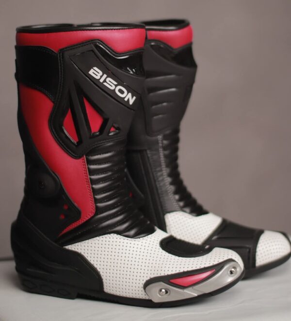 Bison Ride Men’s Leather Motorcycle Racing Boots, Red & White