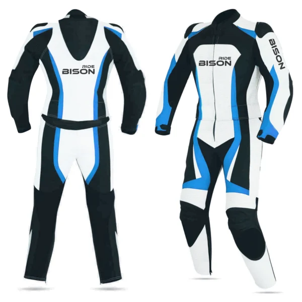 Bison Ride Motorcycle Racing Suit for Men “Tough as Bull, Safe as Armor”, Premium Quality Matt Finish Cowhide, CE-Approved Protection, Technical Stretch, Pre-Curved Design, Blue & White