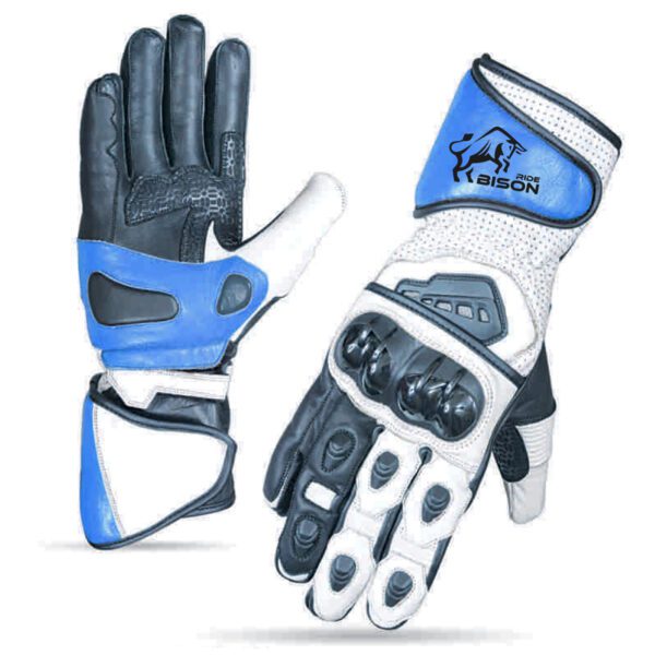 Bison Ride Genuine Leather Motorcycle Gloves – Padded Knuckle Protection, Stretchable Design, Suede Reinforced Palm, Adjustable Velcro Strap, Blue & White