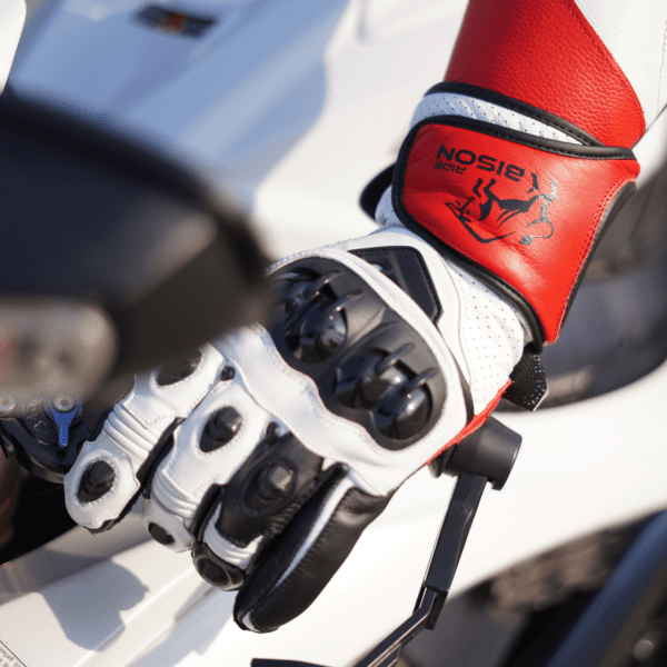 Bison Ride Genuine Leather Motorcycle Gloves – Padded Knuckle Protection, Stretchable Design, Suede Reinforced Palm, Adjustable Velcro Strap, Red & White - Image 2