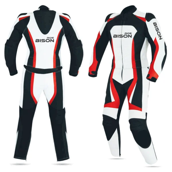 Bison Ride Motorcycle Racing Suit for Men “Tough as Bull, Safe as Armor”, Premium Quality Matt Finish Cowhide, CE-Approved Protection, Technical Stretch, Pre-Curved Design, Red & White