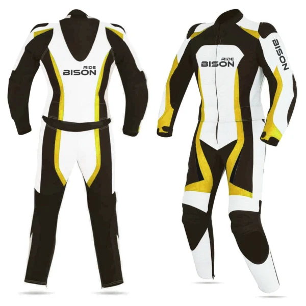 Bison Ride Motorcycle Racing Suit for Men “Tough as Bull, Safe as Armor”, Premium Quality Matt Finish Cowhide, CE-Approved Protection, Technical Stretch, Pre-Curved Design, Yellow & White