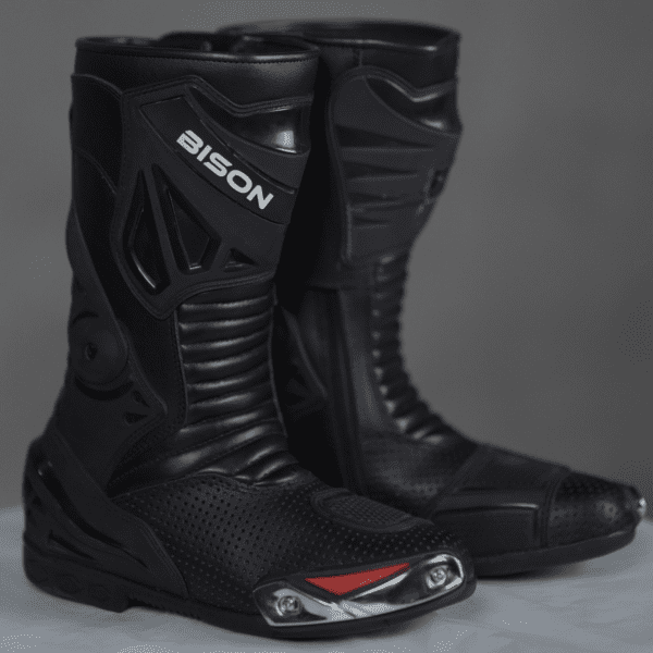 Bison Ride Men’s Leather Motorcycle Racing Boots, Black & Red